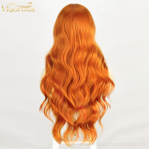 Vigorous Orange High Temperature Fiber Middle Deep Wave Hair Wigs Synthetic Lace Front Wig For Women Middle Part